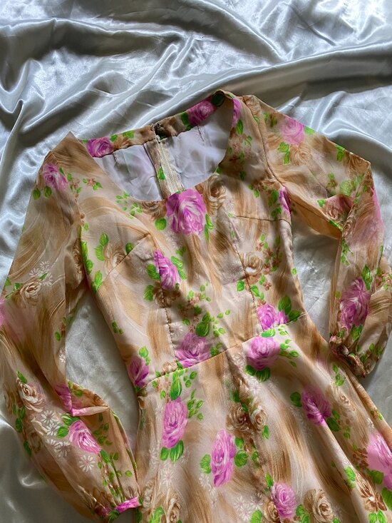 Handmade Dresses & Skirts - Vintage 1970s Floral Rose Prairie Boho Maxi Long Sleeve Gown Small Handmade